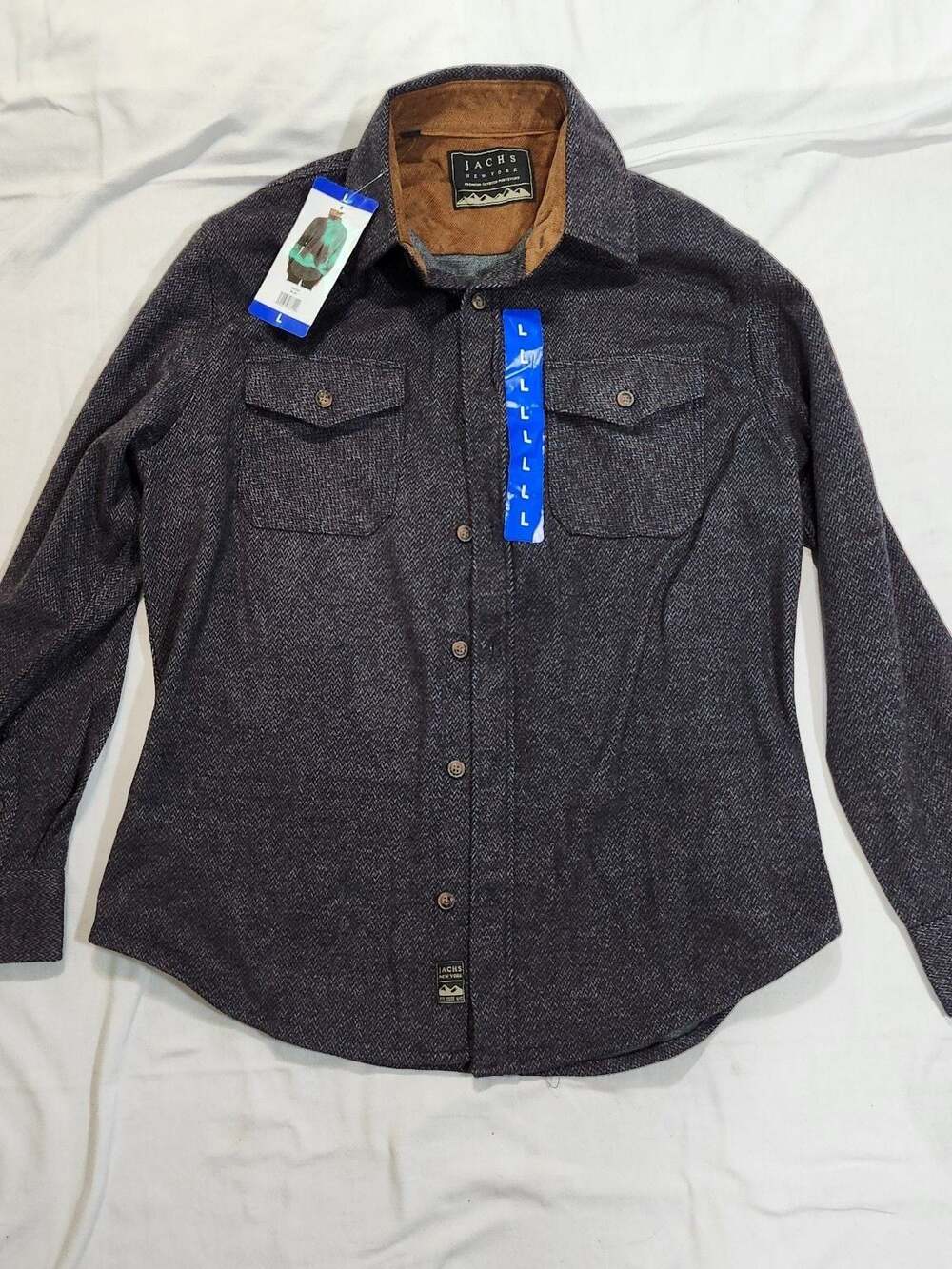 Jachs NY Blue/Brown Herringbone Flannel Button Up Shirt Jacket Size Large